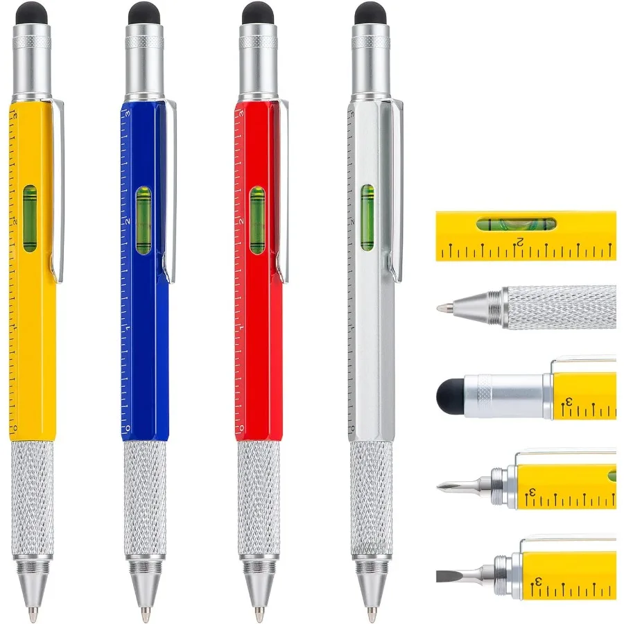 4 Pack Multitool Pen with Extra Refills Set 6 in 1 Multitool Pen with Ruler Level Gauge Multifunctional Metal Ballpoint Pen for