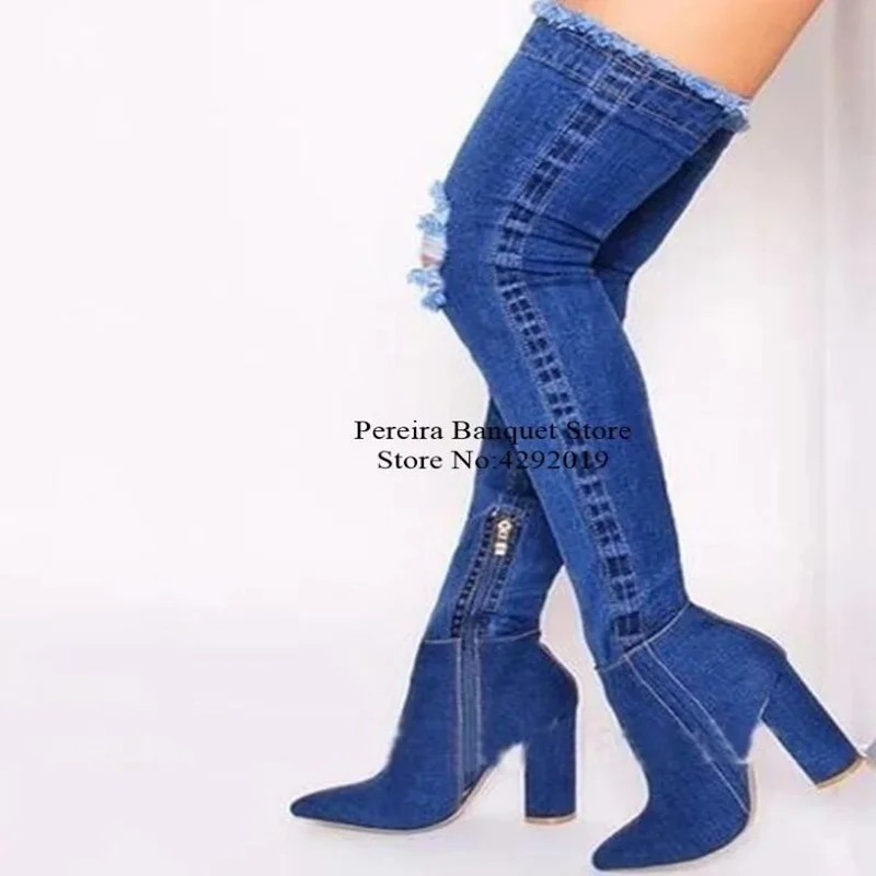 Fashion Chunky Heels Denim Over-the-knee Boots Classical Style Cut-outs Pointed Toe Jeans Boots Side Zipper Tight High Boots