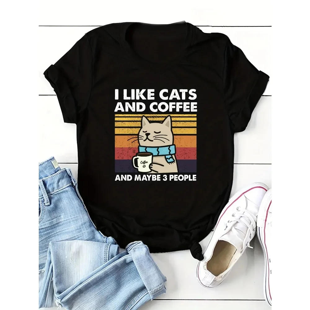 Pescoço manga curta roupas femininas gato café impressão camiseta verão manga curta harajuku streetwear topos roupas estéticas