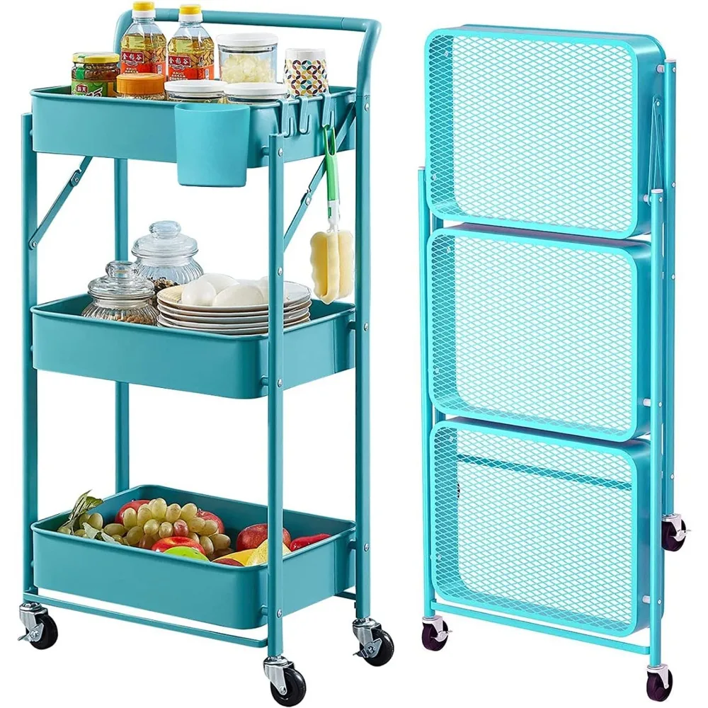 

Storage Cart 3 Tier Rolling Cart with Wheels No Assemble Required Metal Utility Kitchen Cart Folding Shelves for Storage