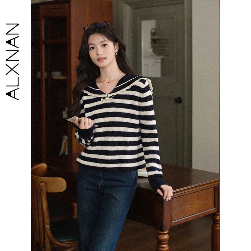 

ALXNAN женские пуловеры, осень 2021, полосатый кружевной нашивка, матросский воротник, металлическая пряжка, нежный мягкий универсальный вязаный свитер L57909