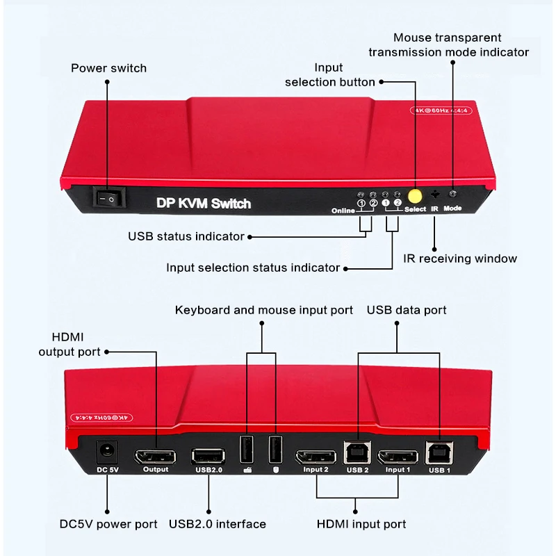 2x1 DP KVM Switcher 2 Display Port 8K 4K IR Remote Control USB KVM Switcher Splitter dolby vision converter 2 In 1 Out for 2 PC