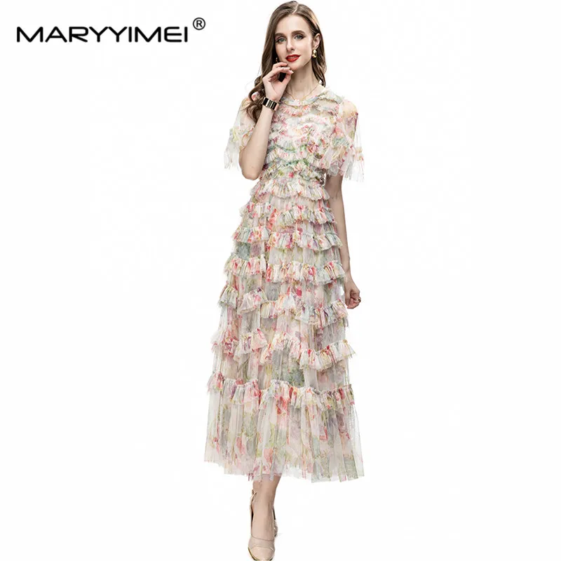 Imagem -04 - Maryyimei-vestido de Malha Manga Flare Plissado em Camadas Vestidos Longos Finos Estampa da Moda Feriado Novo Primavera Verão 2023