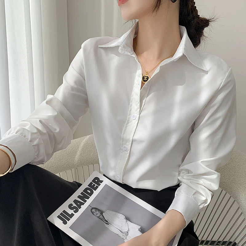 

Professional White Shirt Women Office Lady Slim Fit Formal Blouse Woman Daily Commuter Simple Turn Down Collar Female Base Tops