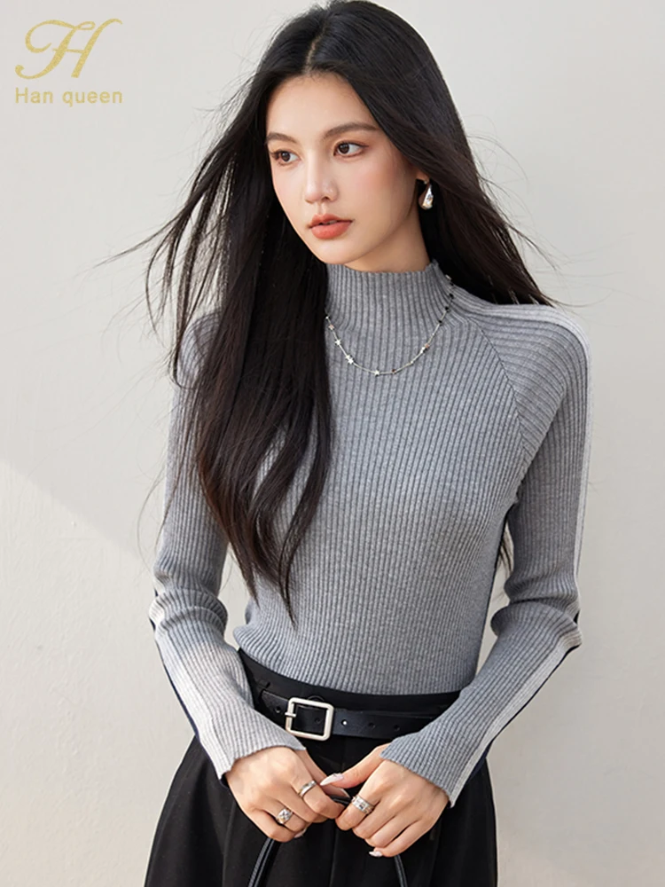 H Han Queen 2024 Autumn Colorblock Pullovers Sweaters Womens Korean Simple Basic Long Sleeve Loose Vintage Sweater Casual Tops