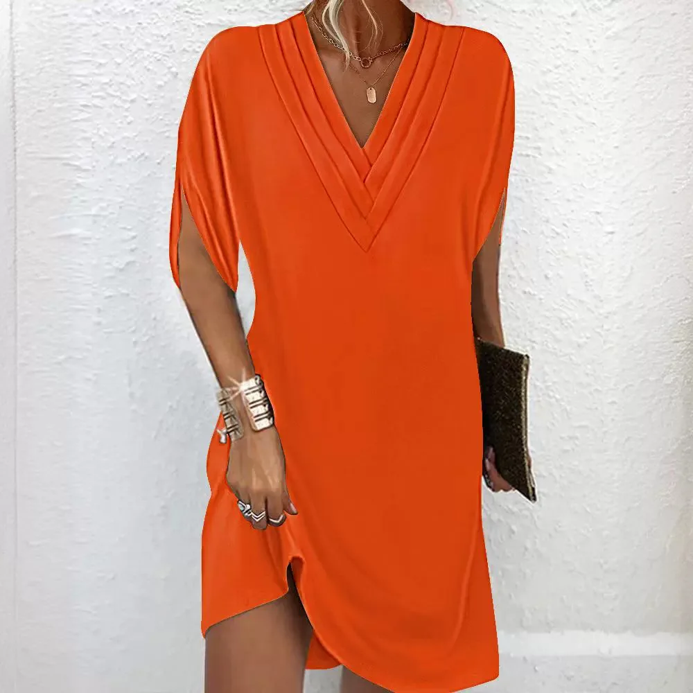 Summer V-neck Pleated Batwing Sleeve Dress Loose One-step Skirt Design Women's Fashion Cross-border Clothing Knitted Fabric
