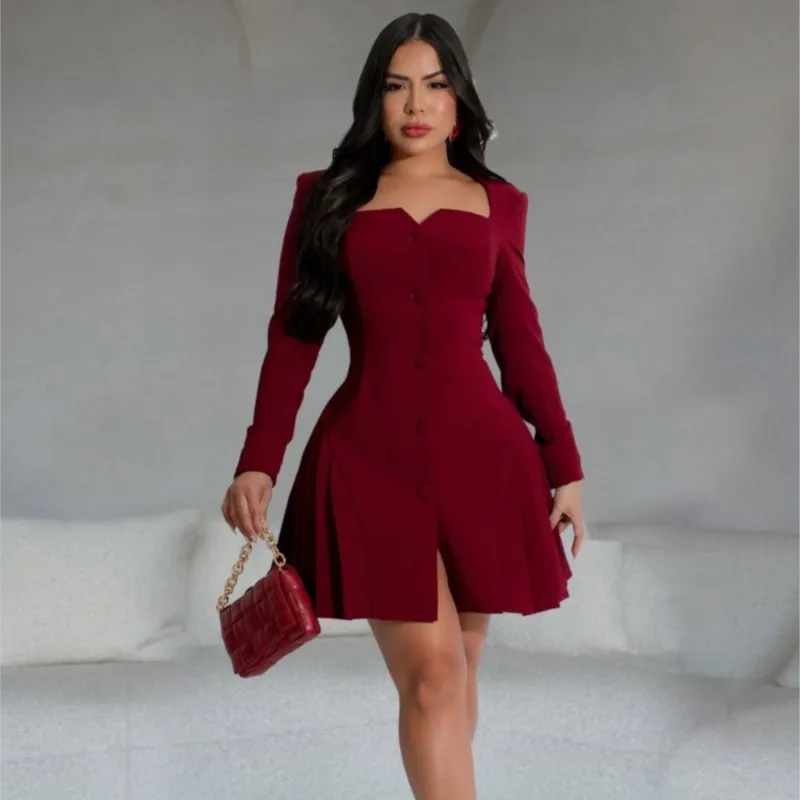 Mini abiti da donna a maniche lunghe con volant sull'orlo Elegante festa di compleanno Prom Vita avvolgente A-Line 2025 Primavera Autunno Office Lady Vestidos
