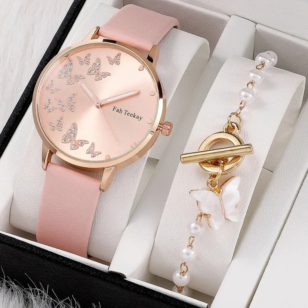 New 2pcs/set Fashion Women Leather Quartz Watch Butterfly Pattern Rhinestone Analog Quartz Wristwatch Ladies Watches Reloj Mujer