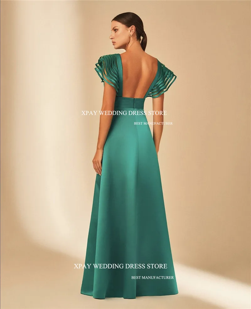 XPAY New Sexy Party Dresses Satin V-Neck Short Tiered sleeves Split Dubai Arabia Women Evening Dresses Formal Prom gowns