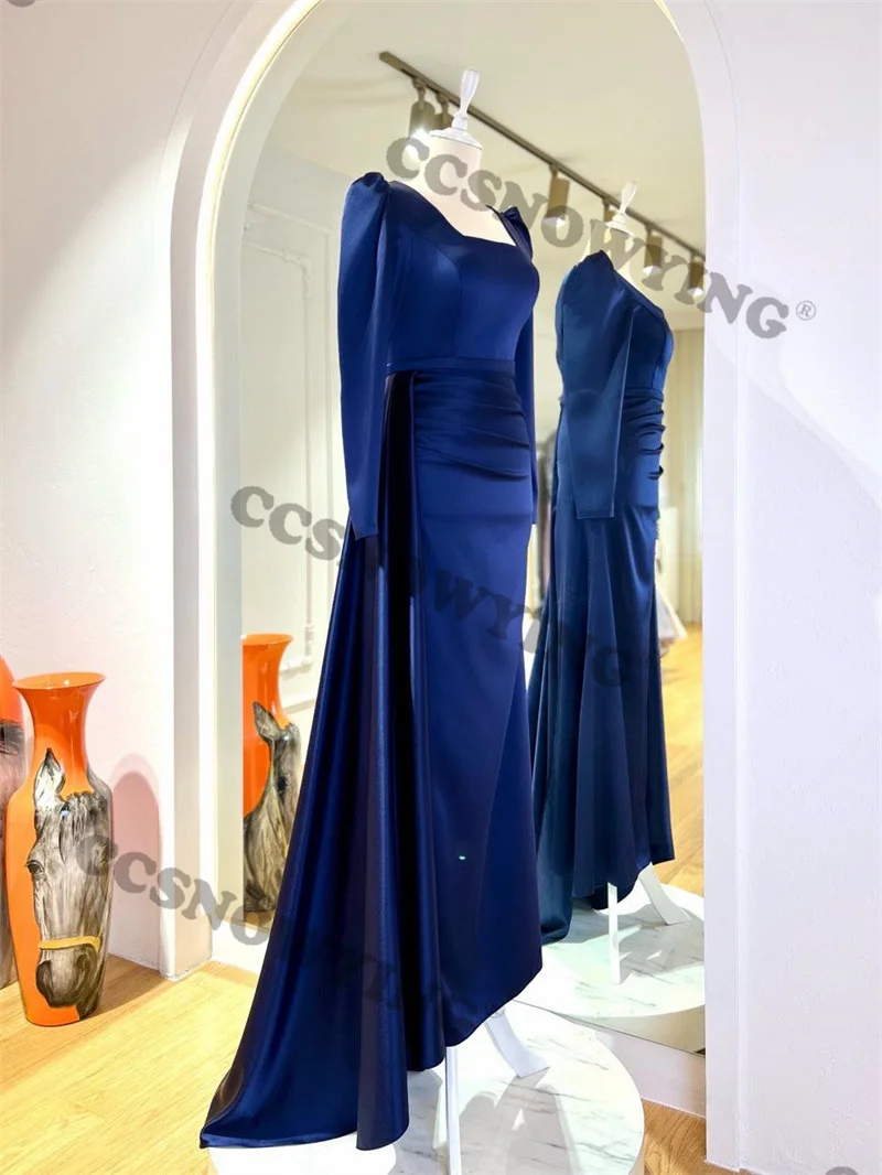 Simple Satin Muslim Evening Dresses Islamic Long Sleeve Hijab Formal Party Gown Prom Dress Arabic Dubai Women Robe De Soiree