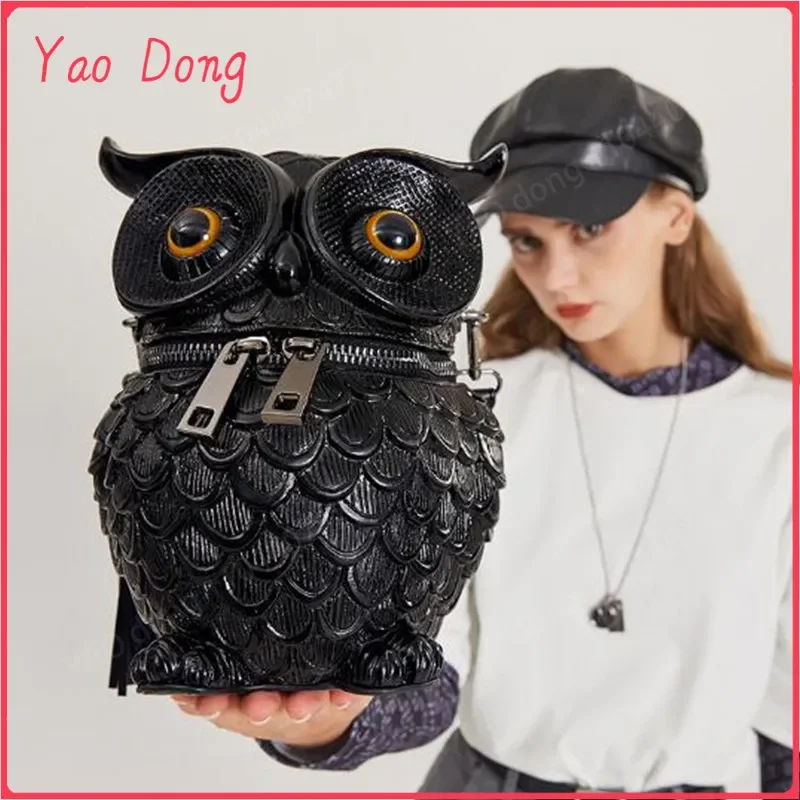 Yao Dong Leather 3D Simulated owl Animal fringe handbag Designer Shoulder Bag Bucket Bag Ladies Fashion Crossbody Bag Black Tote