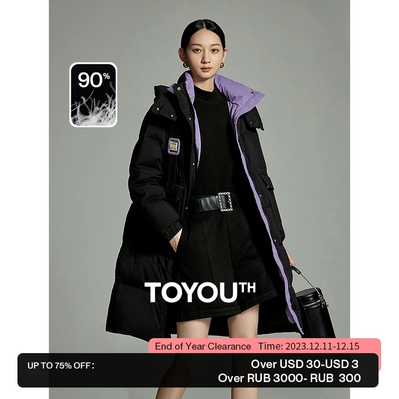 

Toyouth Women Mid-length Down Jacket 2023 Winter Long Sleeve Stand Collar Loose Thick Hooded Coat Fashion Black Khaki Overcoat