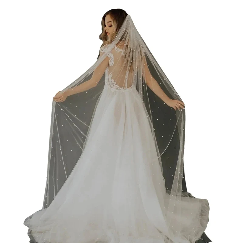 Elegancki welon ślubny z perłami i grzebieniem, akcesoria ślubne, długość 75cm/90cm/120cm/230cm/300cm