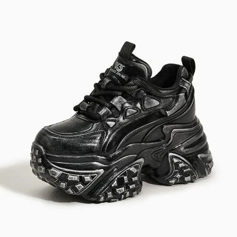 

8CM High Platforms Women's Vulcanize Shoes New Autumn Popular Street Tide Female Dad Shoes Thick Bottom Leather Chunky Sneakers