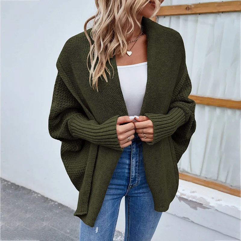 Women Autumn and Winter Fashion New Scarf Collar Cardigan Sweater Solid Color Leisure Versatile Mid-length Batwing Sleeve Coat