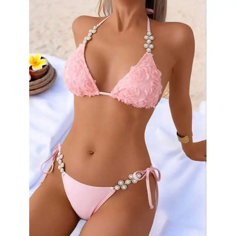 JEWELRY SEN Women Pink 3D Floral Rhinestone Halter Bikini Set 2‑Piece Side Tie Summer Beach Bathing Suit