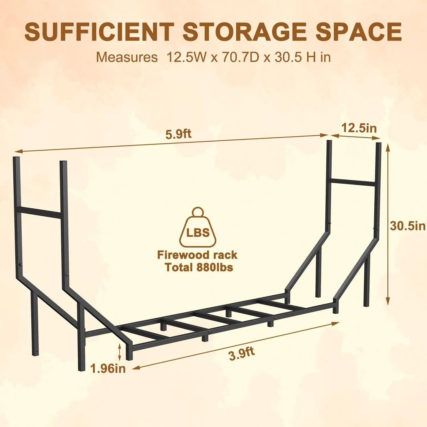 5.9ft Heavy Duty Metal Firewood Rack, Adjustable Indoor Outdoor Log Holder with Non-Slip Pads, Black