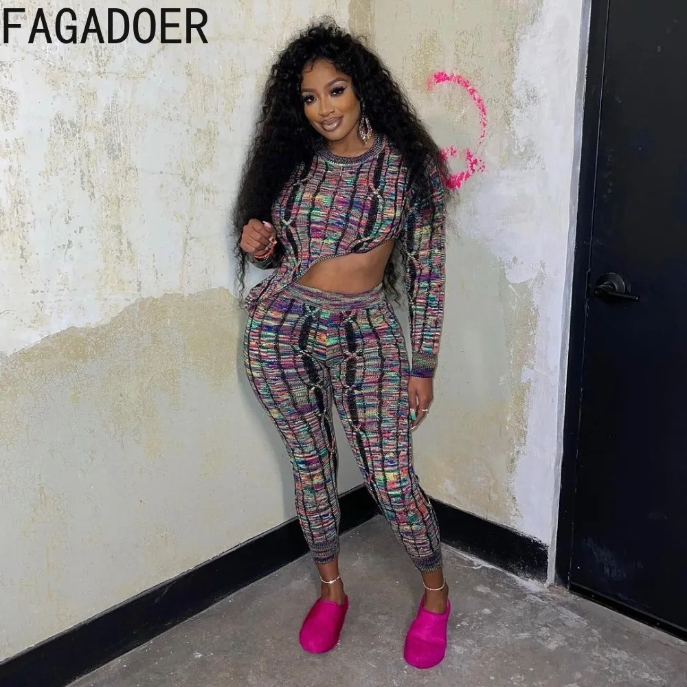 FAGADOER Casual Multicolour Knitting Skinny Pants Two Piece Sets Women Round Neck Long Sleeve Crop Top And Pants Outfits 2024
