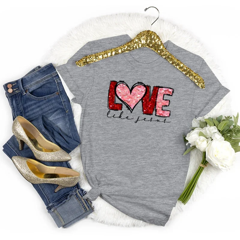 Koszulki z nadrukiem: Kochaj jak Jezus, Walentynki, Klasyczne koszulki, Prezent dla Chrześcijanki, Koszulka z krótkim rękawem, Damska koszulka na Walentynki, Codzienne topy