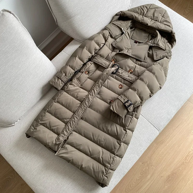 Imagem -06 - Cabolsa Feminino de Pato Branco Cabolsa Trespassado com Cinto Parkas com Capuz Grosso à Prova de Vento Longo Luxuoso Quente Inverno Novo 90 2023