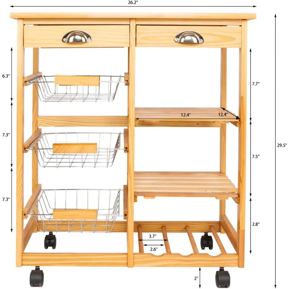 Moveable Kitchen Island Cart Rolling Wood Kitchen Storage Trolley Utility Cart Rack w/Storage Drawers/Baskets Dining Stand Stora