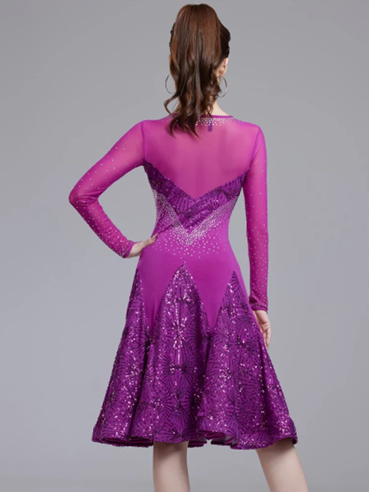 Robes de danse latine pour femmes, ligne a, pour filles, Salsa Samba, robe à bretelles en maille, strass, compétition de groupe, Costume à paillettes avec collier