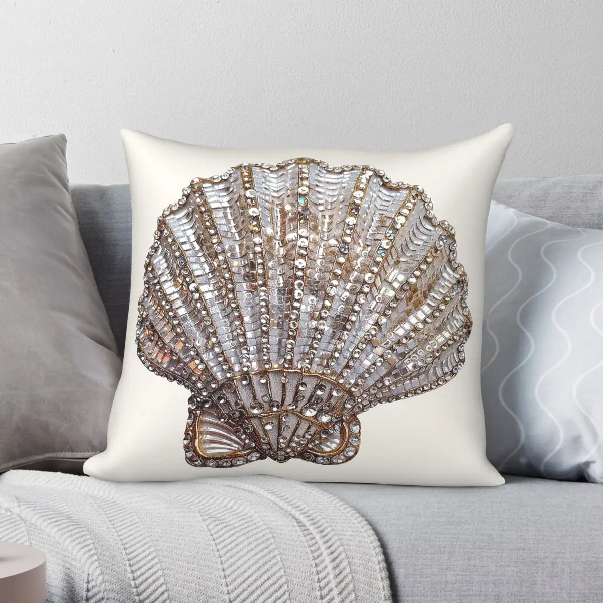 Sequin Sea Shell Beige Summer Square Pillowcase Polyester Linen Velvet Creative Zip Decorative Bed Cushion Cover 45x45