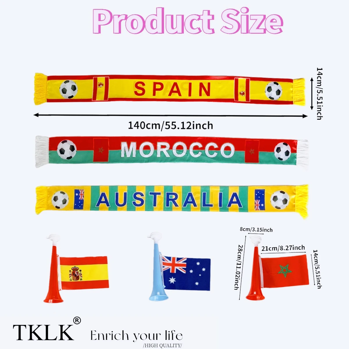 1set Soccer Match Cheering Accessory-World Fan Scarf and Horn for Soccer- Spain/Morocco/ Australia Available-Ideal for Supporter
