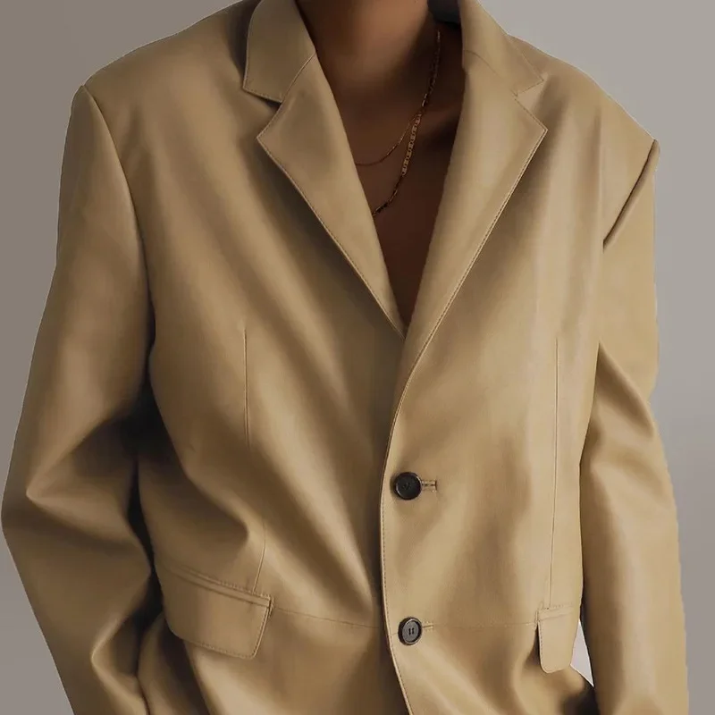 Autumn and Winter 2021 New Women's Long-sleeved Temperament Trend Solid Color Lapel Single-breasted Loose-fitting Glossy Jacket