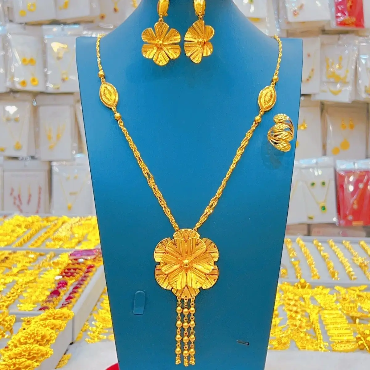 

French New 24K Gold Plated Necklace, Earrings, Rings, Romantic Wedding Party Jewelry Set for Lovers YY10877