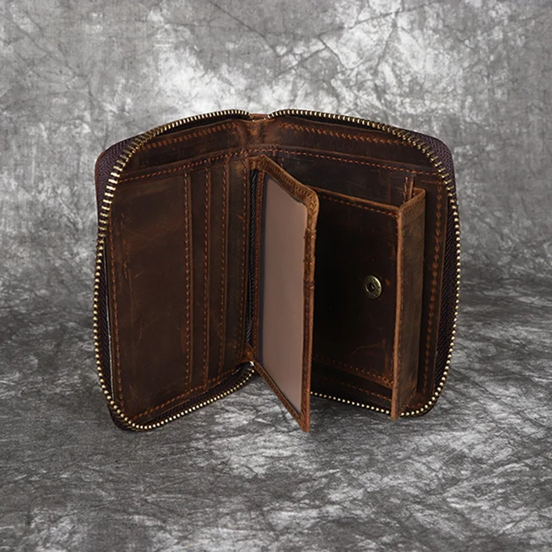 Mad Horse Leather Men's Zippered Wallet - Vertical Style - Full Leather - Genuine Cowhide - Retro Handmade Wallet