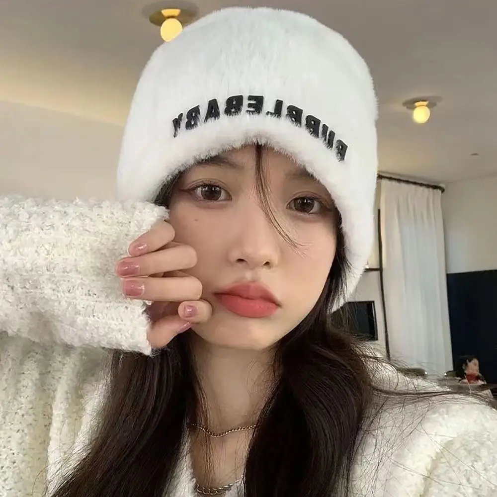 INS Style Rabbited Fluffy Knit Cap Letter Printing Show Smaller Heaps Hat Ear Protection Thicken Beanie Women Girls Maiden