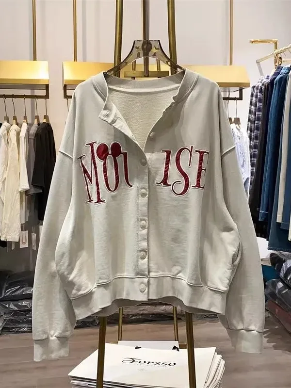 plus Size 300 Pounds American Retro Embroidered Letter Open Cardigan Sweatshirt Women Spring Autumn Loose Slimming Casual Out...