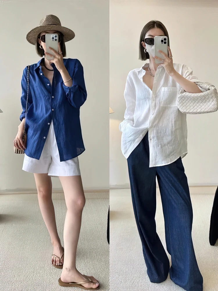 長袖コットンリネンオーバーサイズシャツ女性白ロングシャツ春夏レディビーチカジュアルアウターベーシックトップブラウス