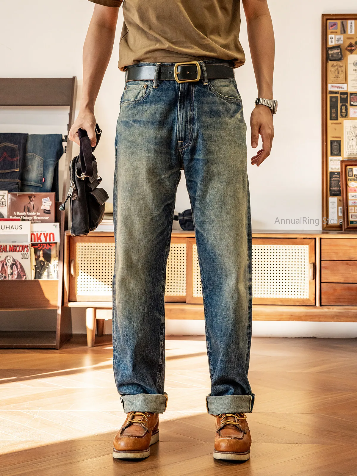 Red Tornado 55501 Dark Washed Jeans Men Loose American Vintage Selvedge Raw Denim Amekaji Long Trousers