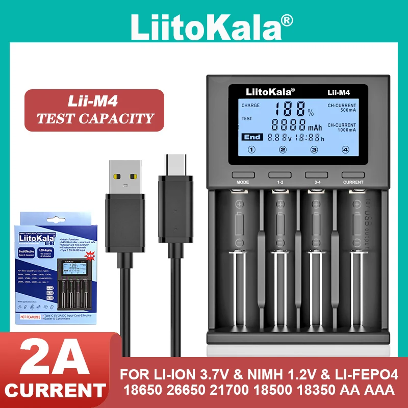 LiitoKala Lii-M4S Lii-M4 do ponownego ładowania z ładowarką 3.7V 18650 26650 21700 18500 litowo-jonowa 1.2V Ni-MH AA pojemność testowa