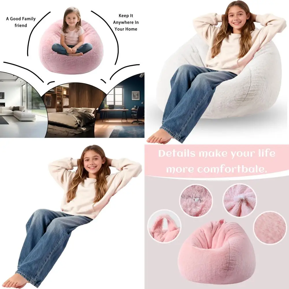 

3-Foot Washable Faux Fur Memory Foam Bean Bag Chair for Kids, Soft & Comfortable Sofa with Handle, Beige