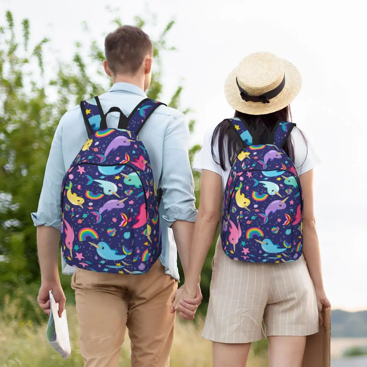 Rainbow Narwhals Under The Sea Blue Backpack Student BookBag Kids School Bag Laptop Shoulder Bags for Men Women