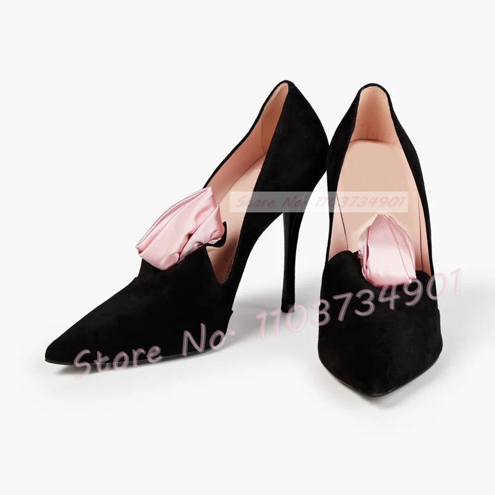 Roze Satijnen Bloem Applique Suède Pumps Vrouwen Trendy Zwarte Hoge Hakken Feestschoenen Dames Grote Maat Nieuwigheid Girly Nieuwe Puntige Pumps