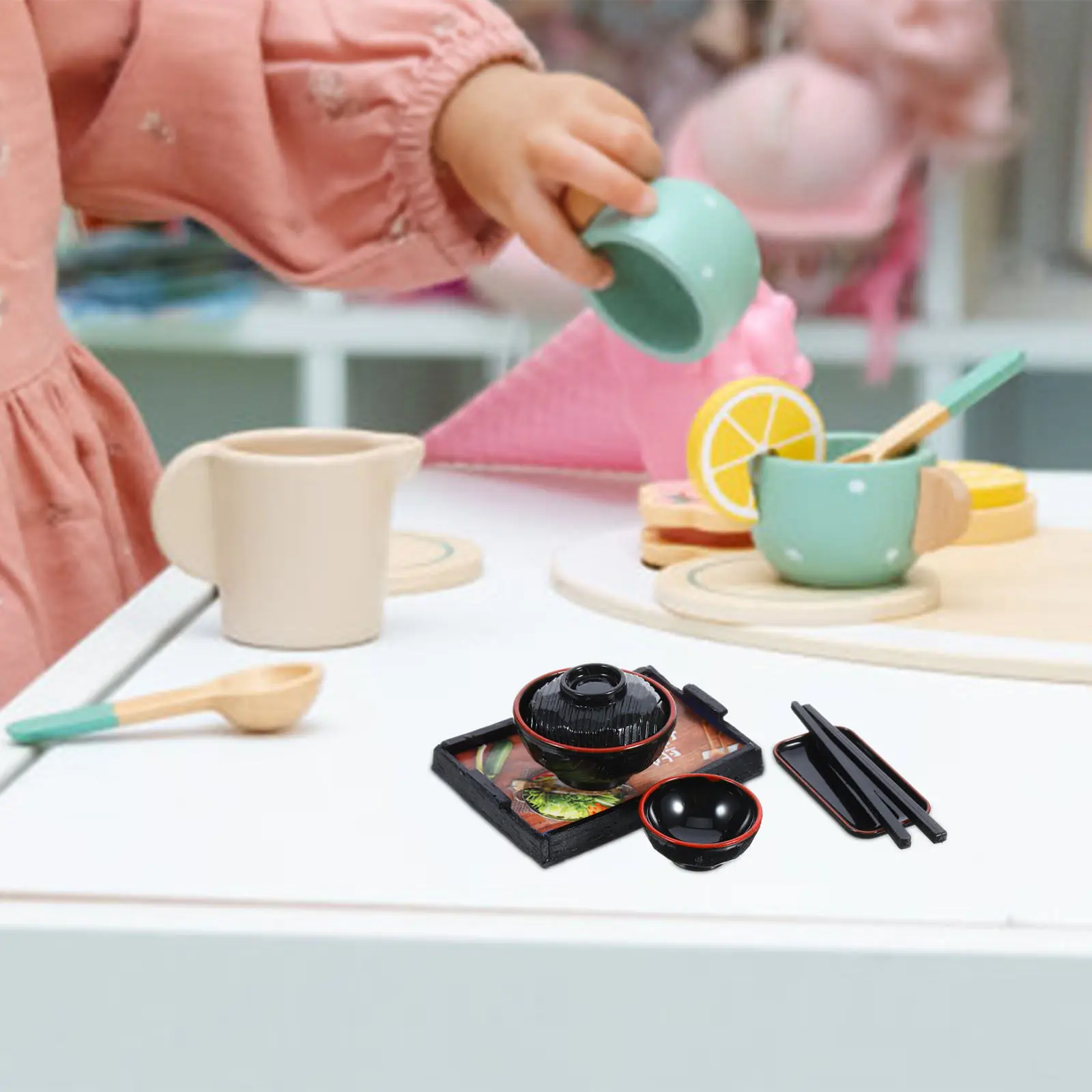 

1Set Japanese Style Mini Bowl Plate Chopsticks Set Realistic Tableware for Dollhouse Decoration Desktop Micro Landscape Props