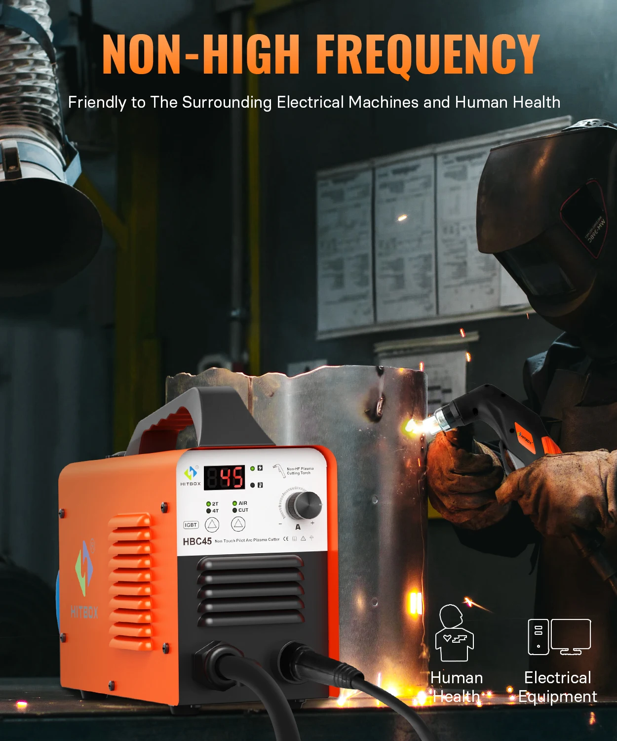 HITBOX Plasma Cutter HBC45 Non-contact, Non-high Frequency Plasma Cutting Machine With Digital Display, 45A 220V Inverter