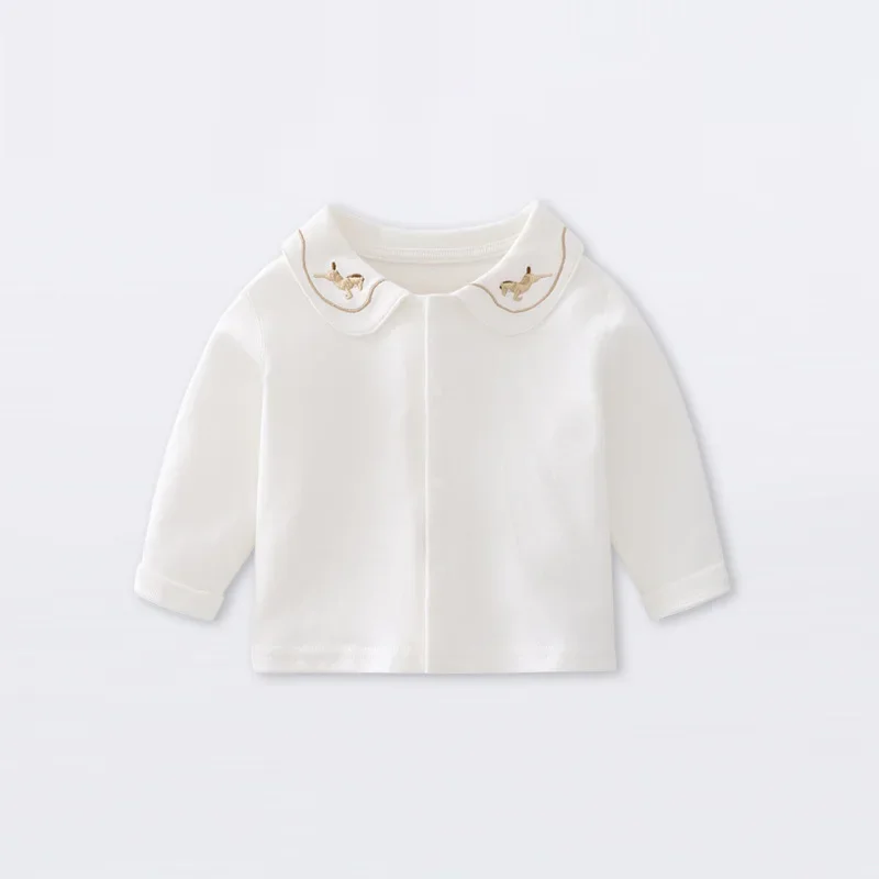 100% Cotton Embroidered Children\'s Clothing Baby T-Shirt Turn Down Collar T-shirt Long Sleeved Single Breasted Tops