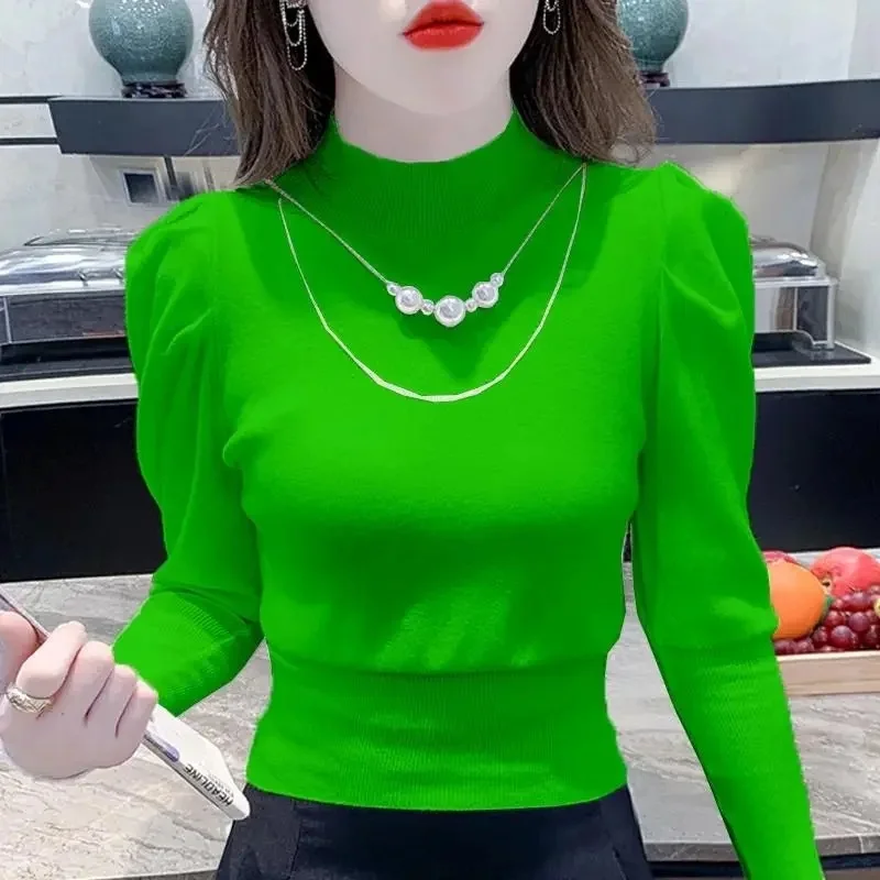 

Puff Sleeve Sweater Pullover Women Knitwear 2025 Autumn Winter New Fashion Top High Waist Knitted Bottoming Shirt Female