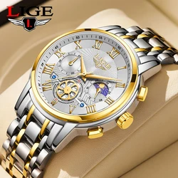 LIGE Mens Watches Top Brand Luxury Waterproof Creative Quartz Watch for Man Gold Skeleton Style 24Hour Moon Phase Luminous Clock