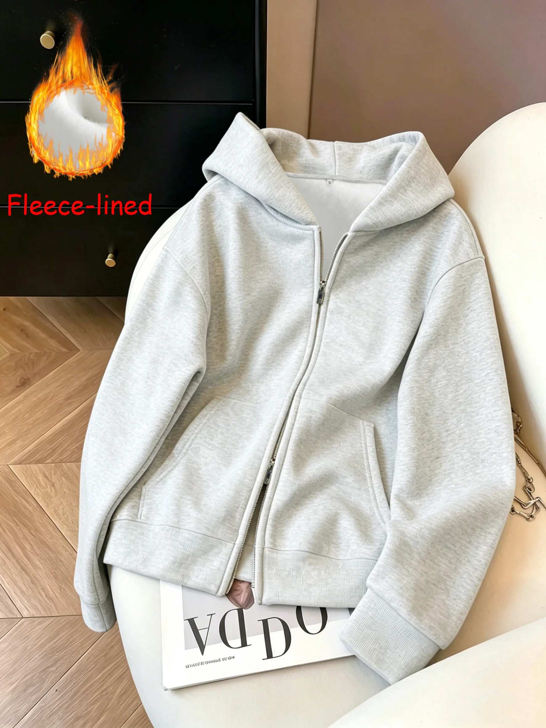 Women's Autumn Winter Fleece Lined Thickened Hoodie Jacket Warm Loose Lazy Style Double Zipper Pocket Hooded Open Cardigan
