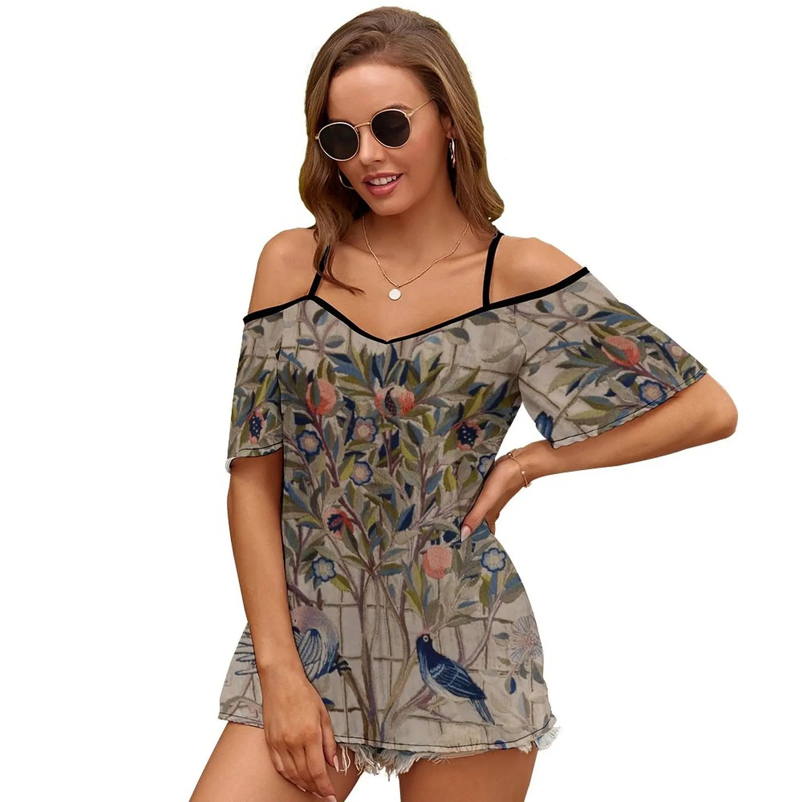 William Morris Kelmscott Trellis Embroidery Sexy And Club Fashion Female T-Shirt Short Sleeve Off Shoulder Lady T Shirts