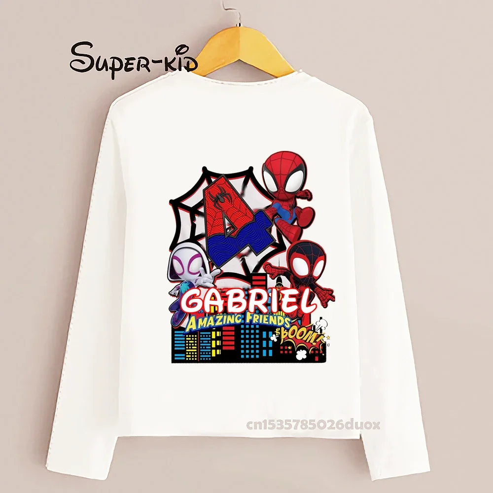 Autumn 2 3 4 5 6 7 8 9 SpiderMan and His Friends Birthday Boy Long Sleeve T-shirt Spider-Man Customized Birthday Party Kid Shirt