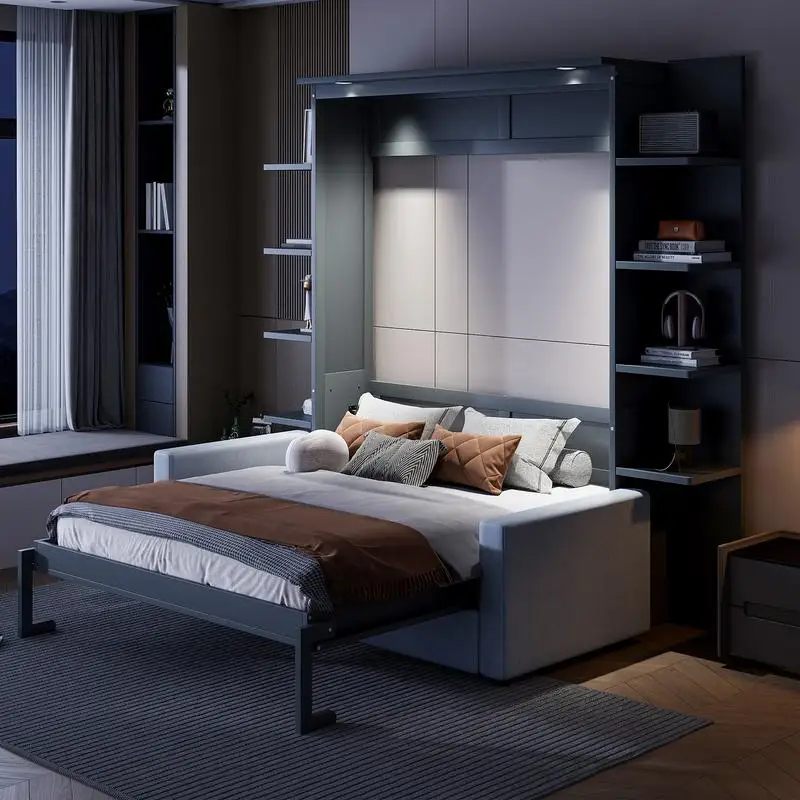 سرير كوين ميرفي مع أريكة، لون رمادي، أثاث موفر للمساحة للشقق الصغيرة، تصميم قابل للتحويل للاستخدام متعدد الاستخدامات