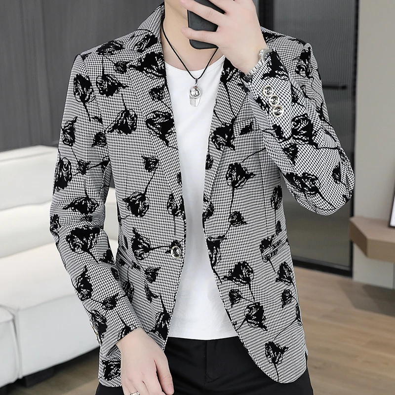 

Blazer: Outdoor Fashion Business Gentleman Print Wedding Host Campus Slim-fit Casual Korean-style Youthful Versatile Men Blazer