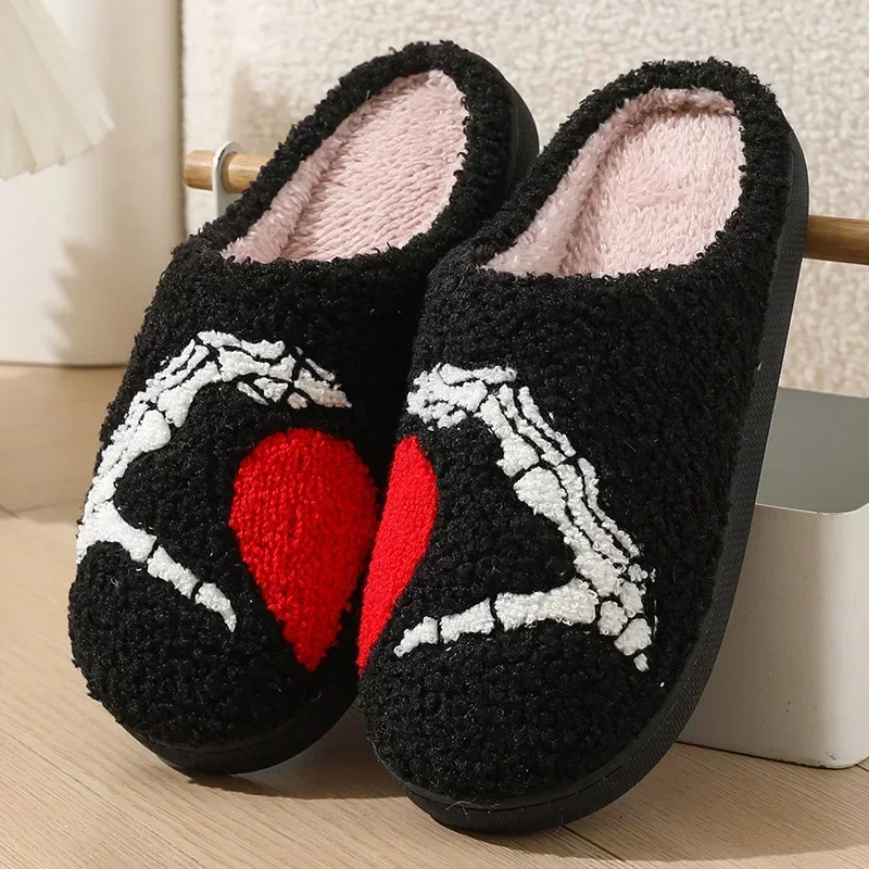 Halloween Funny House Slippers Skull Embroidery Warm Winter Fluffy Slippers Men and Women's Couple Home Indoor Cotton Slippers